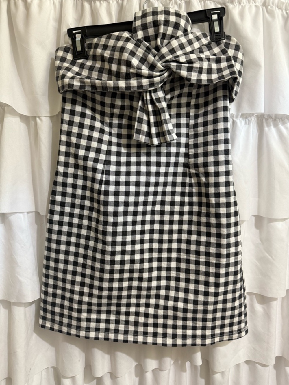 She + Sky Black and White Gingham Strapless bow Mini dress